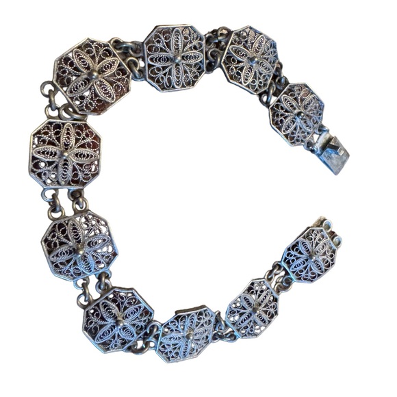Antique art deco filagree 800 silver cross link bracelet - Picture 2 of 4
